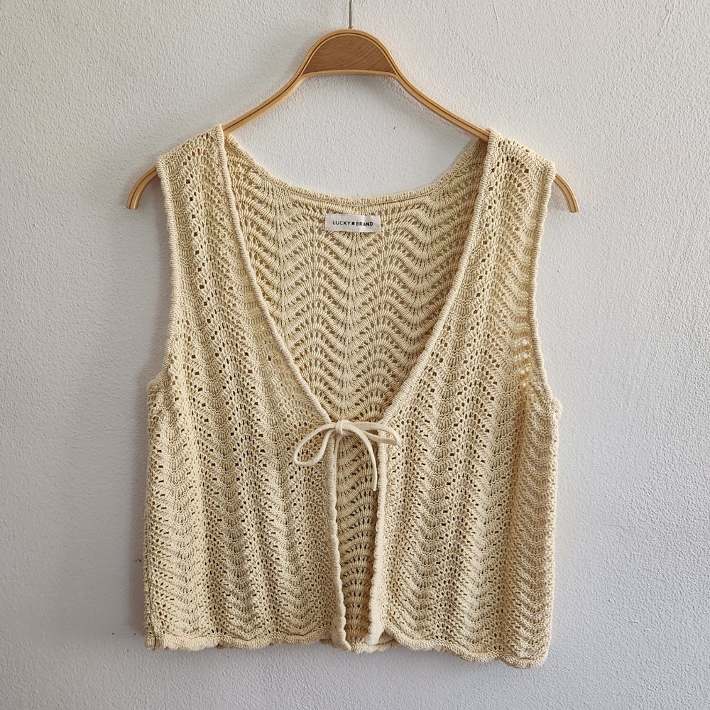 Lucky Brand Chevron Pointelle Knit Tie Front Sweater Vest Cottagecore Fairy - Picture 1 of 8